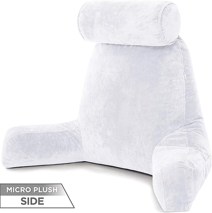 Husband Pillow XXL Aspen Edition - Adult Reading Bed Rest Pillow with Arms & Detach Neck Roll on Bungee Cord - Premium Memory Foam, Reversible 2 Sided Covers Micro Suede or Plush, White Dandelion