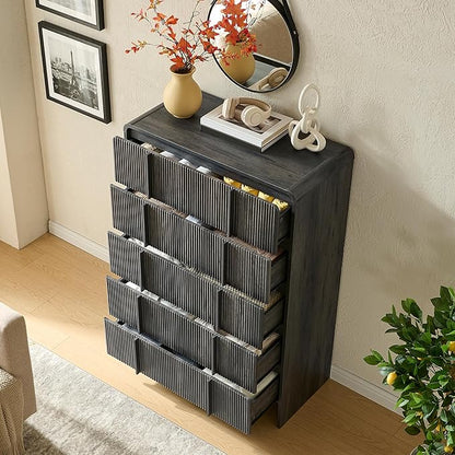 AMERLIFE Fluted 5 Drawer Dresser, 48" Tall Modern Chest of Drawers with Pine Handles, Rounded Corners & Anti-Tip Design, Wood Drawer Organizer for Bedroom, Living Room, Hallway, Black