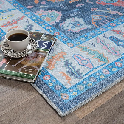 Fame Rugs Blue Modern Oushak Rug 8x10, Vintage Turkish Colorful Oriental Washable Antique Inspired Large Area Rugs, Luxury Living Room Bedroom (387BNB, 7'6 x 10')