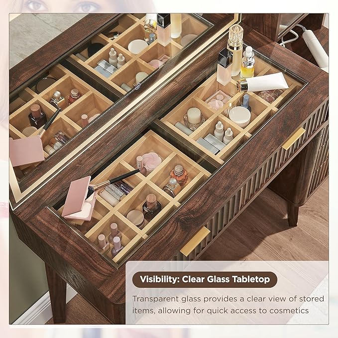 T4TREAM 48" Fluted Makeup Vanity Desk with Large 36" Mirror and Lights, Modern Glass Top Big Vanity Table w/5 Drawers & Adjustable Shelves, Dressing Table w/Charging Station for Bedroom, Dark Walnut