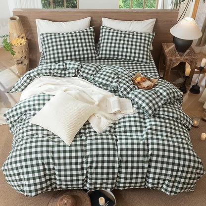 MooMee Gingham Duvet Cover Set 100% Washed Cotton Linen Like Textured Breathable Durable Soft Comfy Modern Checkered Design (Buffalo Plaid Forest Green, Queen 90"x90")