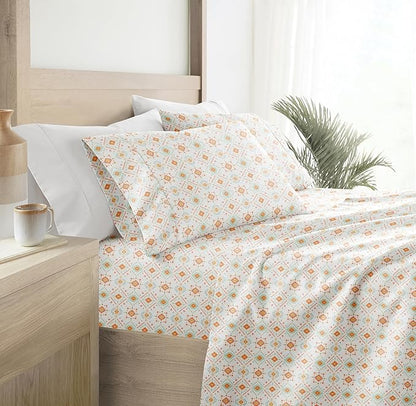 Linen Market Patterned Microfiber Queen Sheet Set 4 Piece – Oeko-TEX Certified Ultra Soft & Wrinkle-Free - 16" Deep Pocket Sheets - Easy Care Queen Size - Aztec Dreams Coral
