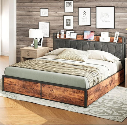 LIKIMIO King Bed Frame with 4 Storage Drawers, Platform Bed with Charged Headboard, Sturdy and Stable, No Noise, No Box Spring Needed, Easy to Install, Vintage Brown and Gray