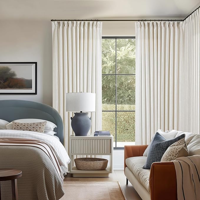 Pinch Pleated Extra Wide Curtain Panels 96 Inches Long 70 Wide Linen Curtain for Patio Sliding Glass Door Semi Sheer Cream Hooks Rings Privacy 96 Inch Length for Living Room 70x96 1 Panel
