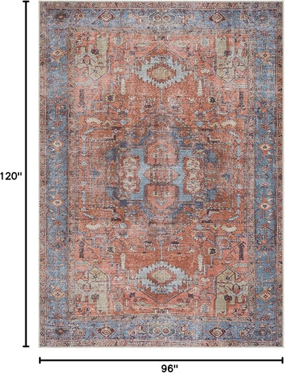 Bloom Rugs Washable 8' x 10' Rug - Terracotta/Blue Traditional Area Rug for Living Room, Bedroom, Dining Room, and Kitchen - Exact Size: 8' x 10'