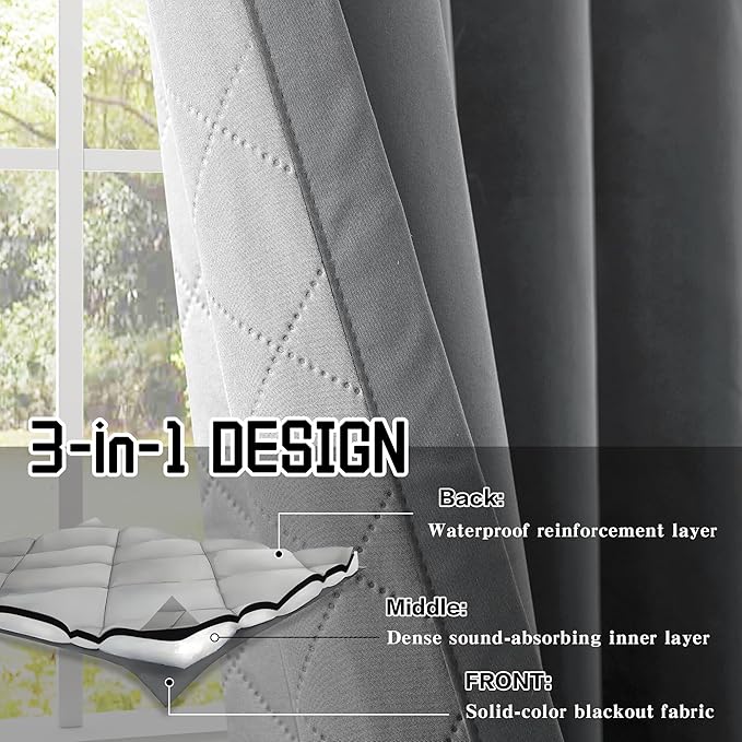 Grey Heavy Noise Resistance Curtains for Window 3-in-1 100% Blackout Curtains Grommet Thermal Insulation Room Divider Drapes for Bedroom Living Room (1 Panel, Grey, 50" x 96")