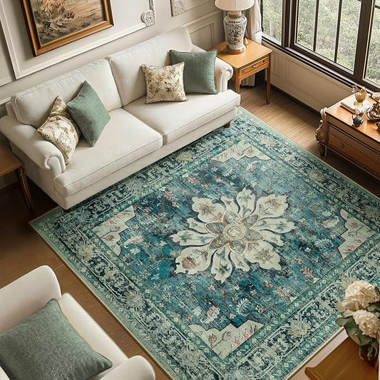 Area Rugs Square 6ft Washable Non-Slip, Floral Vintage Distress Print Pattern Medallion Carpet for Living Room Bedroom Dining Room, Dark Blue Vintage