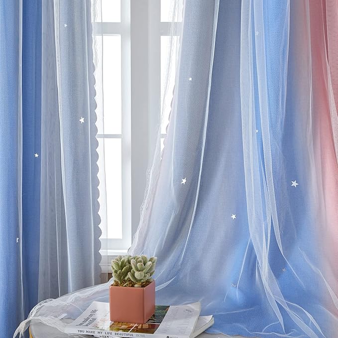 XiDi Curtains for Bedroom Decor, Rainbow PinkGreyBlue-34-45