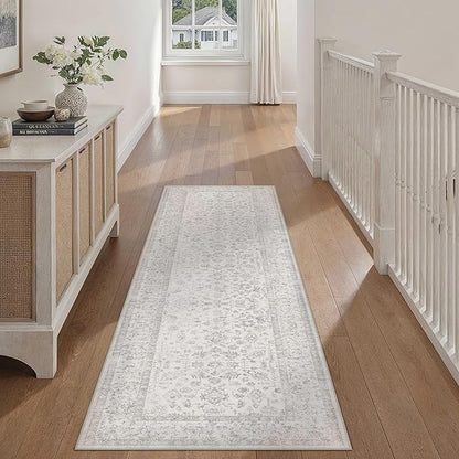 2x6 Grey Runner Rug Hallway Non Slip Kitchen Vintage Distressed Long Carpet Indoor Machine Washable Retro Floral Bedroom Accent Throw Rug for Office Laundry Bathroom Dining Living Room