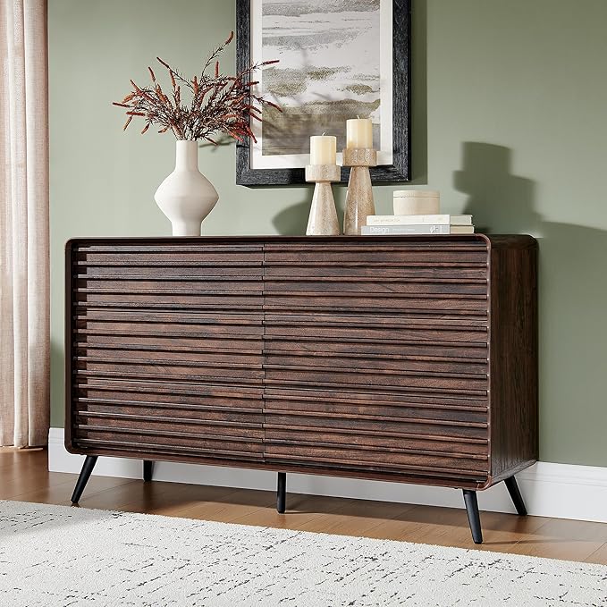 RedLemon 6 Drawers Dresser for Bedroom, 54'' Wide Mid Century Modern Wood Fluted Double Dresser, Chest of Drawers with Tapered Leg for Bedroom, Living Room, Hallway, Closet, Dark Walnut