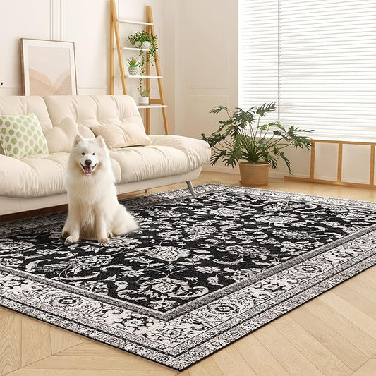 Area Rugs 8x10, Machine Washable Vintage Soft Rug for Living Room Large Rug Indoor Floor Non Slip Carpet for Bedroom Under Dining Table Home Office | Black White