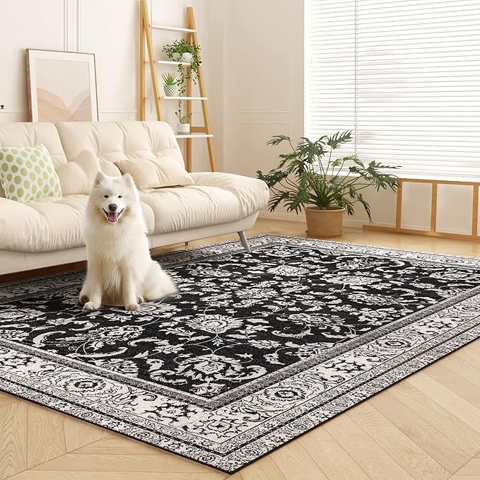 Area Rugs 5x7 Machine Washable Floral Rug Non Silp Faux Wool Vintage Soft Black Carpet for Living Room Dinning Room Bedroom Rug Under Bed Floor | Black White