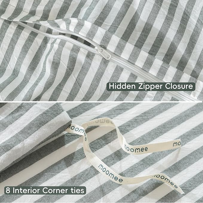 MooMee Striped Duvet Cover Set 100% Washed Cotton Linen Like Textured Breathable Durable Soft Comfy (Heathered Green Classic Stripes, Alaska King 132"x120")