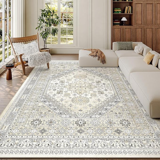 zesthome 6x9 Area Rug, Super Soft Washable Rugs for Living Room, Non-Slip Stain Resistant Vintage Rugs, Ultra-Thin Large Area Rugs (Beige,6'x9')