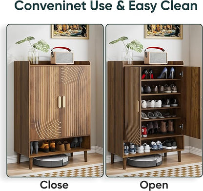Smuxee Walnut Shoe Cabinet with Line Groove Design, 6-Tier Shoe Storage Cabinet with Adjustable Shelves, Freestanding Shoe Organizer Cabinet for Entryway, Hallway, Closet, Living Room