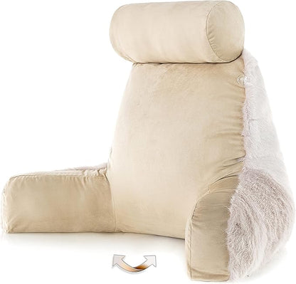 Husband Pillow Medium Baby Golden Wolf Fabulous Faux Fur Backrest, Two-Tone Reversible Double Sided Reading & Bed Rest Pillow with Arms & Neck Roll, Adjustable Memory Foam - Sit Up Extremely Comfy