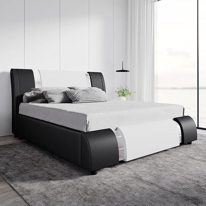SHA CERLIN Queen Platform Bed Frame with Iron Pieces Decor and Adjustable Headboard/Deluxe Upholstered Modern Bed with Solid Wooden Slats Support/No Box Spring Needed, White with Black Sides