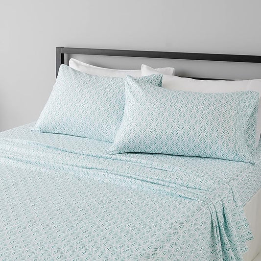 Amazon Basics Lightweight Super Soft Easy Care Comfortable Microfiber 4-Piece Bed Sheet Set with 14-Inch Deep Pockets, Queen, Aqua Fern, Printed