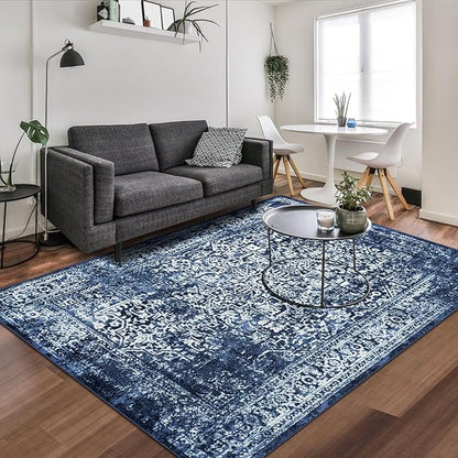 vivorug 9x12 Area Rugs, Stain Resistant Washable Rug for Living Room, Vintage-Inspired (Navy Blue, 9'x12')