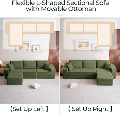 LINSY HOME Convertible Sofa Bed with 2 Pillows & Ottoman, Boneless Couch Folding Modular Sectional Sleeper Sofa, L Shaped Sofas Corduroy Couch Bed Compression Sofa for Living Room Apartment, Green