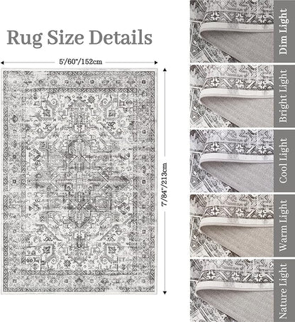 zesthome 5x7 Area Rugs - Ultra-Thin Washble Rug, Stain Resistant Anti Slip Backing Rugs for Living Room,Bedroom, Vintage Home Decor Area Rug (Grey/White,5'x7')