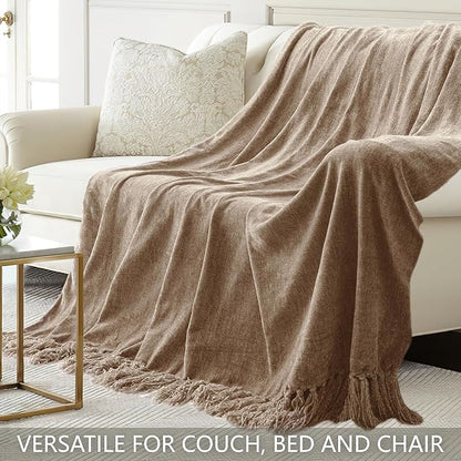 Chenille Throw Blanket for Couch 50"X 60", Soft Cozy Throws with Fringe Tassel for Bed Sofa Chair Cover, Lightweight Knitted Decorative Boho Blankets for Living Room, Taupe