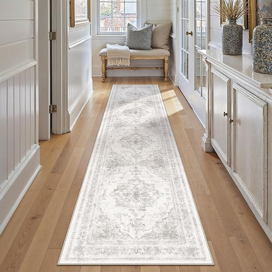 Runner Rug 3x10 Washable Light Gray Hallway Runner Vintage Boho Medallion Non Slip Grey Distressed Retro Carpet Indoor Low Pile Long Soft Rug for Kitchen Entryway Bedroom Bathroom Laundry