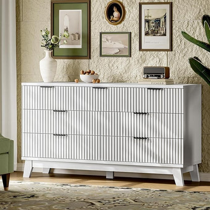 Fluted Dresser with 7 Drawers, 58" Wide Modern Chest of Drawers with Metal Handle, Wooden Dresser TV Stand, Wood Closet Clothes Storage Organizer for Bedroom, Living Room, Hallway, Solid White
