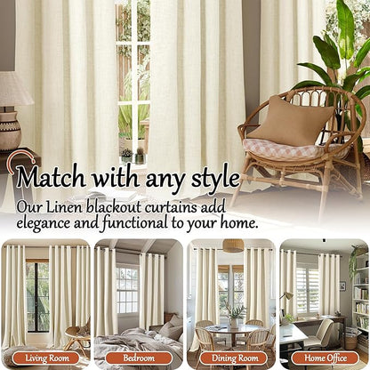 Cream 100% Blackout Curtains for Living Room 84 Inch Length 2 Panels Set, Thermal Insulated Light Blocking Faux Linen Curtains for Bedroom, Bronze Grommet Boho Window Drape Each 52" Wide