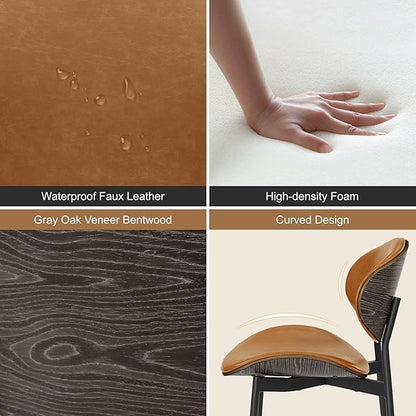 Art Leon Dining Chairs Set of 4, Grey Oak Bentwood, Mid Century Modern Chair, Orange Faux Leather Kitchen Dining Room Chairs with Black Metal Legs, Accent Chairs for Bedroom
