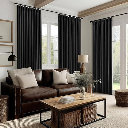 Black Pinch Pleated Blackout Linen Curtains 120 Inches Long for Living Room Bedroom 2 Panels Room Darkening Thermal Insulated Neutral Black Farmhouse 100% Blackout Window Curtain Drape 120 Inch