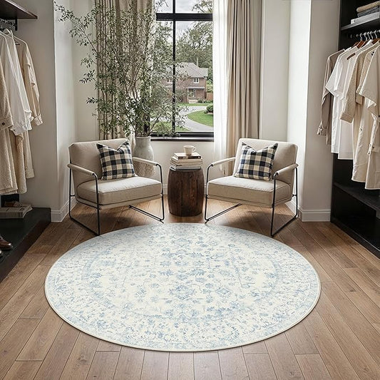 3ft Blue Round Area Rug Entryway Door Mat Small Circle 3x3 Kitchen Vintage Carpet Non Slip Indoor Bedroom Washable Distressed Floral Retro Accent Throw Rug Office Bathroom