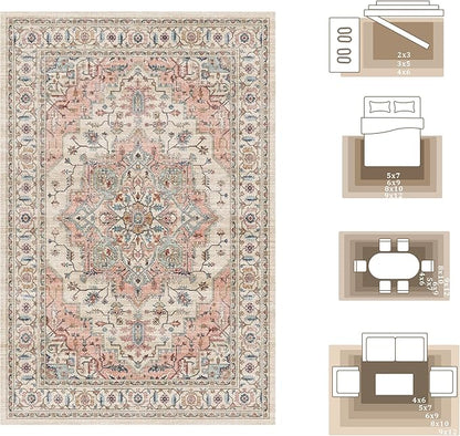 6x9 Area Rugs for Living Room Ultra-Soft Washable Rug Vintage Distressed Boho Area Rug, Non-Slip Retro Print Low Pile Stain Resistant Carpet for Bedroom Dining Room Kitchen Office