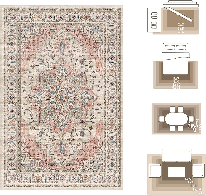 3x5 Vintage Distressed Area Rugs for Indoor Entrance Stain Resistant Washable Entryway Rug Ultra Soft Low Pile Lightweight Carpet Faux Wool Rugs for Living Room Bedroom Playroom Home Office