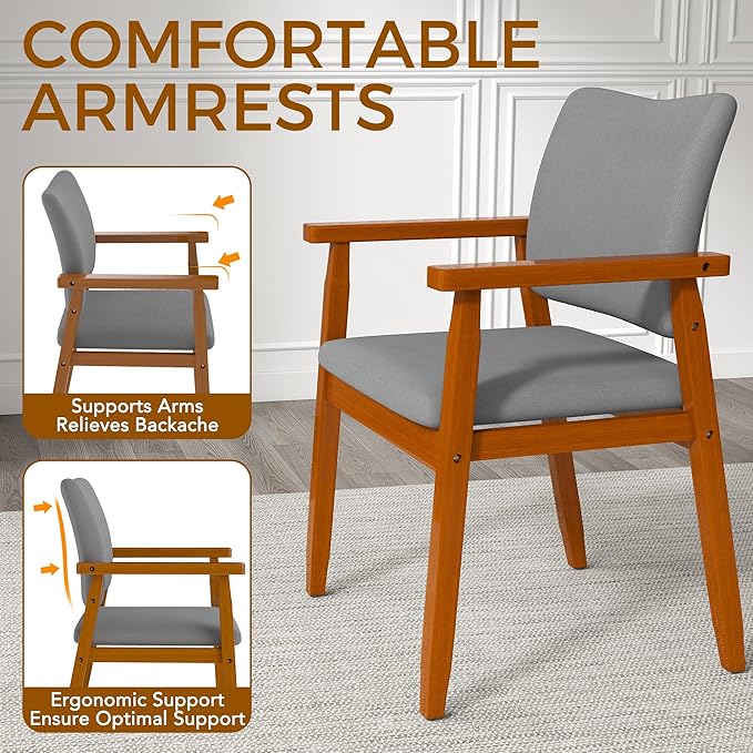 thksbought Mid Century Modern Walnut Dining Chairs Wood Arm Grey Fabric Kitchen Cafe Living Room Decor Furniture