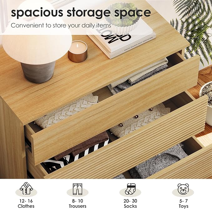 WAMPAT 94.5" W Fluted Dresser for Bedroom, Modern 9 Drawer Dresser TV Stand with Hidden Handles, Wooden Chest of Drawers Closet Clothes Storage Organizer for Bedroom, Living Room, Oak