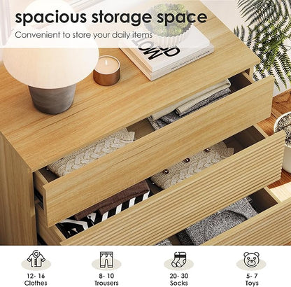 WAMPAT 31.5" W Fluted Dresser for Bedroom, Modern 3 Drawer Dresser TV Stand with Hidden Handles, Wooden Chest of Drawers Closet Clothes Storage Organizer for Bedroom, Living Room, Oak