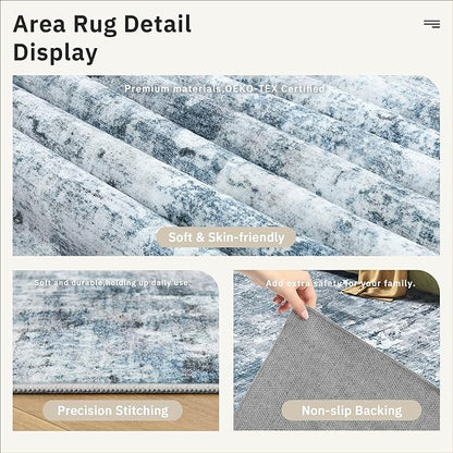 9x12 Area Rugs for Living Room, Abstract Non Slip Machine Washable Vintage Rugs, Low Pile Lightweight Large Rug for Bedroom, Dining Room, Home Office Blue