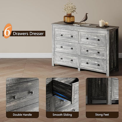 6 Drawer Dresser for Bedroom, Farmhouse Wood Chest of Drawers, Wide TV Stand Closet Storage Furniture with Metal Handle, Modern Clothes Organizer for Hallway, Living Room, Entryway, Grey