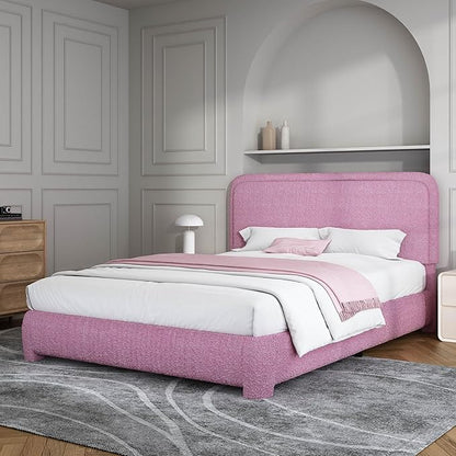 BarnFurin Queen Bed Frame with Headboard, Boucle Upholstered Platform Bed with Wood Slats, Soft Rounded Corners, No Box Spring Required, Easy Assembly, Rose Pink