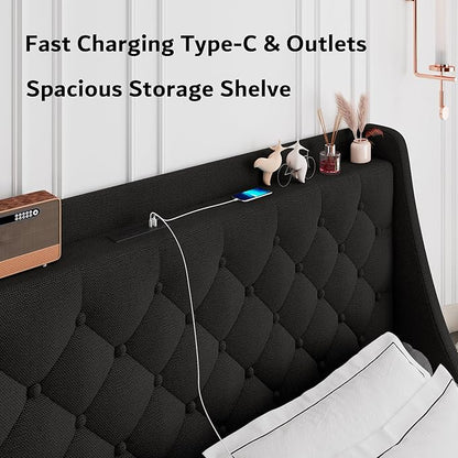 iPormis King Bed Frame with 4 Storage Drawers, Upholstered Platform Bed Frame with Type-C & USB Ports, Wingback Storage Headboard, Solid Wood Slats, No Box Spring Needed, Black