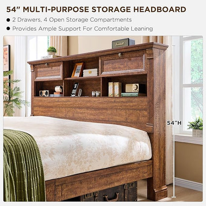 Farmhouse Queen Size Bed Frame with 54" Tall Storage Bookcase Headboard, Wood Platform Bed Frame with 18" Tall Roman Column Decoration Footboard & 2 Drawers, No Box Spring Needed(Reclaimed Barnwood)