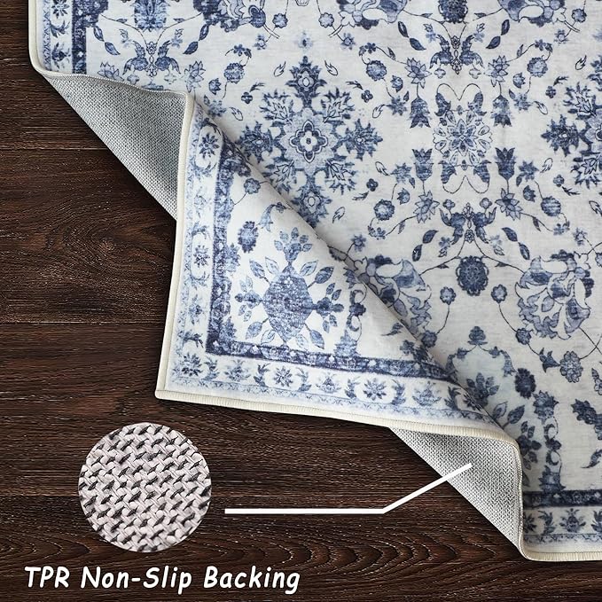 vivorug Runner Rug 2'x7' Vintage Washable Non-Slip Runners for Hallways Kitchen Entryway Laundry Room Carpet Hallway Runner Ivory/Blue