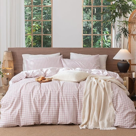 MooMee Gingham Duvet Cover Set 100% Washed Cotton Linen Like Textured Breathable Durable Soft Comfy Modern Checkered Design (Classic Gingham Greyish Pink, Queen 90"x90")