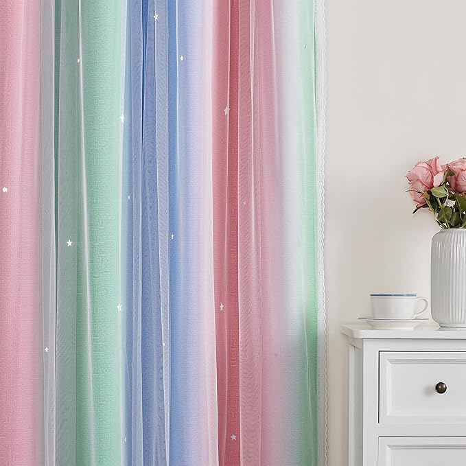 XiDi Curtains for Bedroom Decor, Rainbow Pink GreenBlue52/90/1