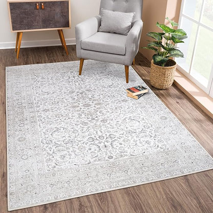 Bloom Rugs Washable Non-Slip 5' x 7' Rug - Beige/Off White Traditional Bordered Area Rug for Living Room, Bedroom, Dining Room, and Kitchen - Exact Size: 5' x 7'
