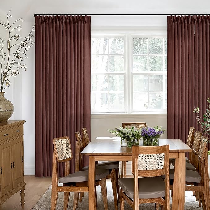 Reddish Brown Linen Pinch Pleated Curtains 96 Inches Long for Living Room Pleated Drapes Back Tab Thick Linen Textured Boho Farmhouse Country Maroon Rust Brown 96 Inch Curtain for Dining Bedroom