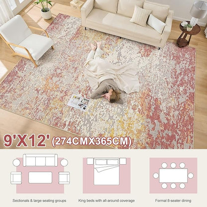 Area Rug Living Room Rugs - 9x12 Washable Large Soft Indoor Neutral Modern Abstract Low Pile Rug Carpet for Bedroom Dining Room Farmhouse Home Office - Colorful