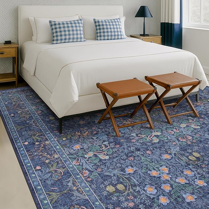 Dining Room Rugs for Under Table - 6x9 Washable Dark Blue Oriental Area Rug for Living Room, Low Pile Non-Slip Floor Carpet for Bedroom - Vintage Navy Design & Stain Resistance