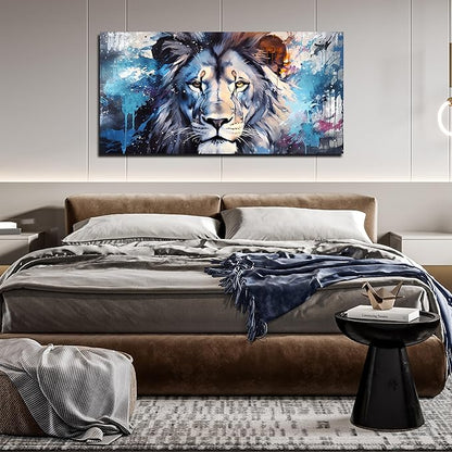 ENTANUB Lion Canvas Wall Art for Living Room, Blue Print Painting for Bedroom, Animal Picture Decor, Large Size 48x24 Inches